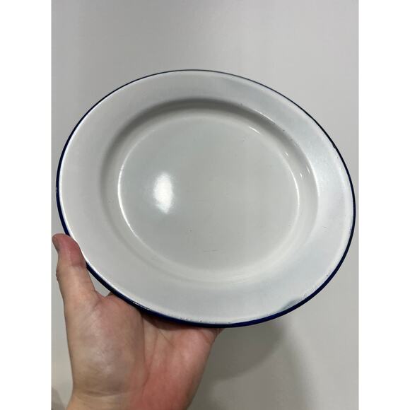 2 Vintage White w/ Blue Rim Enamel 9.5" Salad Plate Cottage Farmhouse Kitchen - Picture 6 of 9